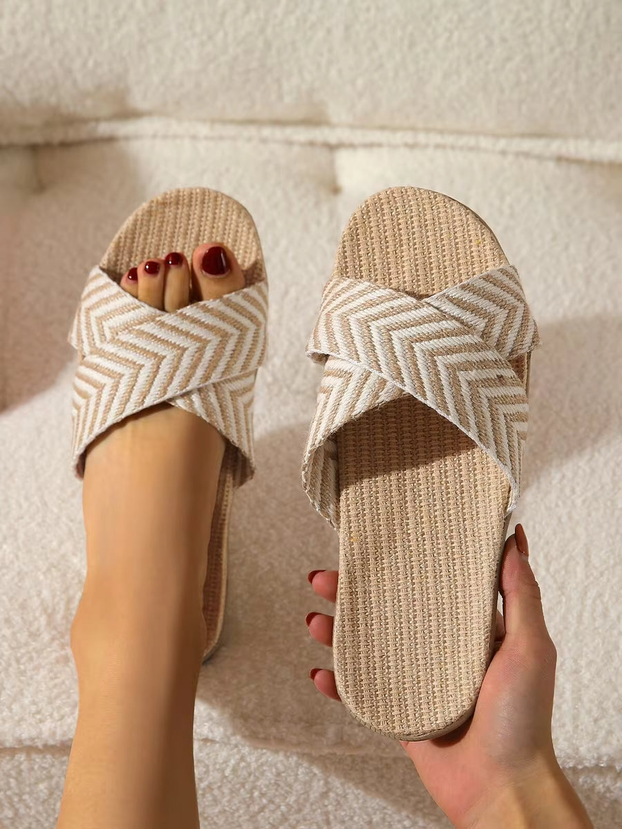Women Chevron Pattern Two Tone Home Slippers, Vacation Multi-Color Linen Bedroom Slippers